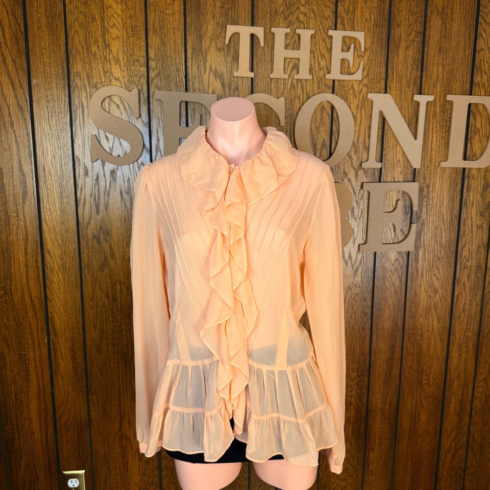 NWT Dorothee Bis Silk Ruffle Blouse Womens 4 Peach Coquette Sheer Peplum Top